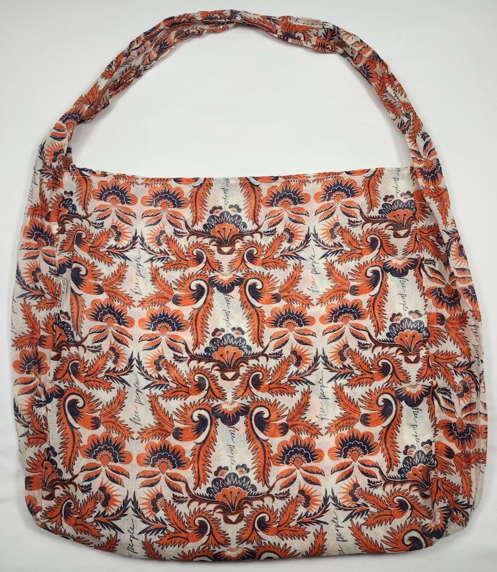 Free People Gauze Floral Shopping Tote Shoulder Bag Orange Navy Boho Beach